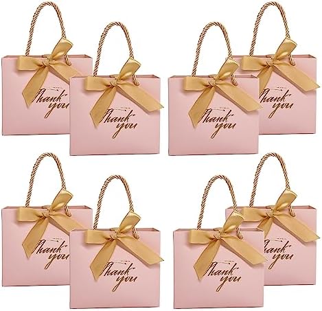 TKSBAG 50Pack Small Thank You Gift Bags With Handles-5.5''x 2.3''x4.7'' Mini Pink Gift Bags Bulk for Baby Shower, Birthday, Wedding, Party Favors, Mother's Day by TKSBAG