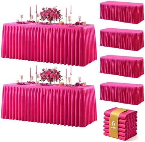 Hot Pink Polyester Table Cloths for Rectangle 6 Foot Tables, 6 Pack Wrinkle Free Tablecloths Stretchy Banquet Ruffle Fitted Table Cover Desk Skirt for Parties Wedding Birthday Baby Shower by Unknown