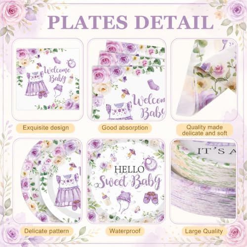 Pickmesh 250 Pcs Purple Floral Baby Girl Shower Disposable Tableware Set Hello Sweet Baby Paper Plates Napkins Cups Cutlery for Gender Reveal Birthday Party Supplies Babies Shower, Serve 50 Guest - Image 2