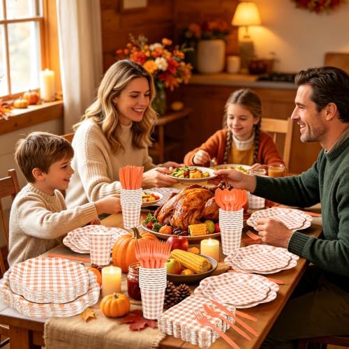 400 Pcs Fall Gingham Party Supplies for 50 Guests Orange and White Scalloped Paper Plates Napkin Cup & Cutlery Disposable Checkered Dinner Party Set for Thanksgiving, Halloween, Fall Wedding, Birthday - Image 7