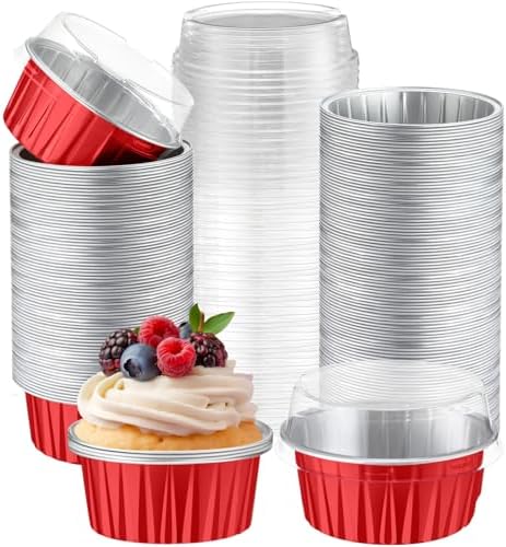 200 Pack Aluminum Cupcake Liners with Lids,Red,Plain by Gandeer