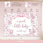 Toile De Jouy Baby Shower Decorations, Girl Pink Floral Safari Bow Baby Shower Decoration Party Supplies with Dusty Pink and White Balloons Boxes, A Sweet Little Baby Is One The Way Backdrop - Image 4