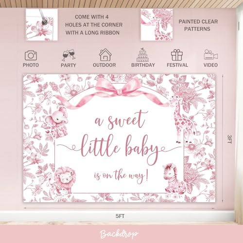 Toile De Jouy Baby Shower Decorations, Girl Pink Floral Safari Bow Baby Shower Decoration Party Supplies with Dusty Pink and White Balloons Boxes, A Sweet Little Baby Is One The Way Backdrop - Image 4