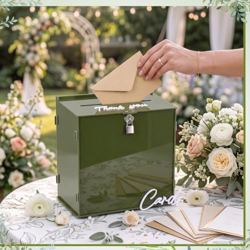 BreezeHug 10" Dusty Green Acrylic Wedding Card Box with Slot & Lock - Image 3