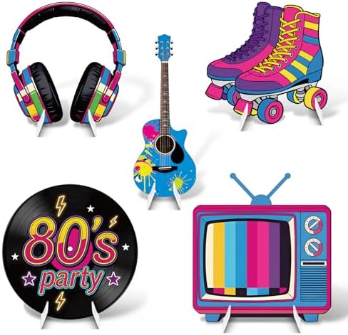 5Pcs 80s Party Decorations, Large Retro Disco Theme Cardboard Cutouts Guitar Headphone Roller Skates Vintage 80s Yard Sign for Neon Hip Hop Music Birthday Indoor Outdoor Photo Props Backdrop by WelcometoLawnIdyll