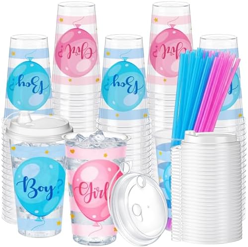 Remerry 50 Sets Gender Reveal Party Cups with Lids and Straws - 17 Oz Plastic Pink and Blue Clear Cups Bulk for Birthday Party Baby Shower Theme Events Decorations Supplies by Remerry