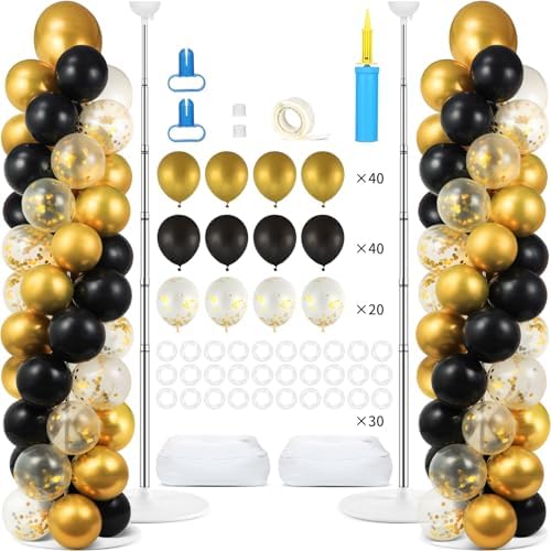 2 Sets Black and Gold Balloon Column Stand Kit with 100 Balloons Summer Adjustable Balloon Tower Stand with Bases for Floor Balloons Column Kit for Birthday Engaged Wedding Back to Shool Party Decor by Afniimyapt