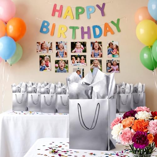 TaoBary 24 Pack Silver Gift Bags with Tissue Paper, 9''x8''x4'' Metallic Paper Bags with Handles, Medium Size for Wedding, Birthday, Baby Shower Party Favors - Image 5