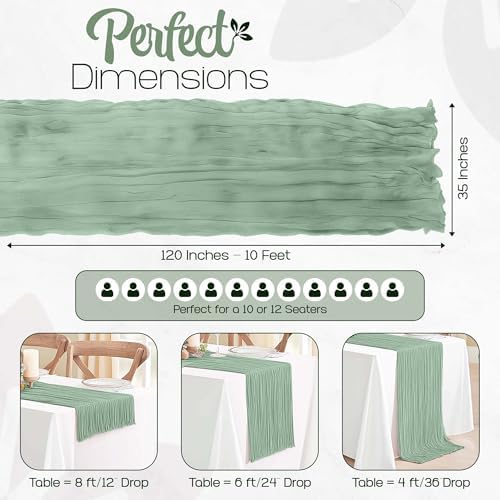 12 Pack Sage Green Cheesecloth Table Runners 10FT Long – 35 x 120 Inch Boho Gauze Table Runners for Engagement, Wedding, Baby Shower & Home Decor – Soft Wrinkled Polyester Fabric - Image 2