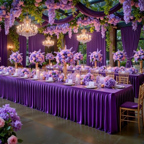 1 Pack Purple Satin Tablecloths Rectangle 8FT, Glitter Spandex Fitted Stretch Table Covers Wrinkle-Free Floor Length Shimmer Table Skirt for Weddings Parties Baby Shower Banquets Vendor Events by Partisky