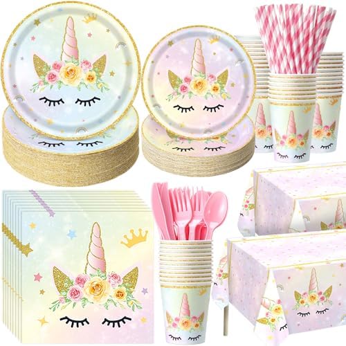 Funnymoom 452 Pcs Unicorn Themed Birthday Party Decorations Include Unicorn Paper Plates Napkins Cups Tablecloth Cutlery Straws Rainbow Pastel Theme Party Supplies for Birthday Decorations by Funnymoom