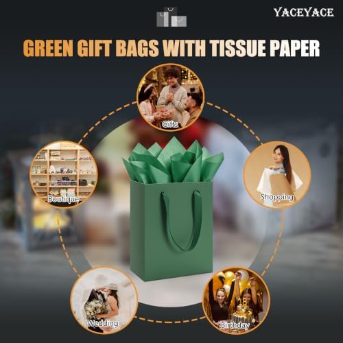 YACEYACE Green Gift Bags 20Pack, Green Gift Bags with Tissue Paper - Image 7