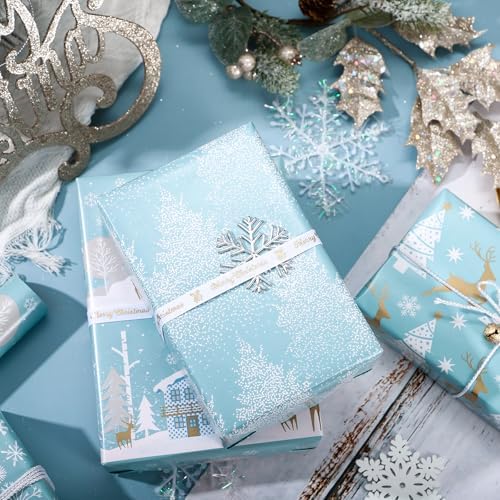 WRAPAHOLIC 30 Inch Christmas Wrapping Paper Roll - Jumbo Roll Blue and Silver Reindeer, Christmas Tree, Snowflake Holiday Design Printed on Pearlized Paper - 4 Rolls - 30 Inch x 120 Inch Per Roll - Image 5