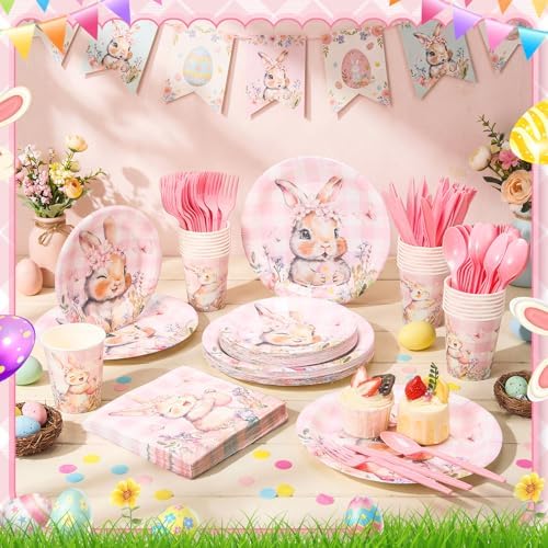 Honeydak 210 Pcs Pink Bunny Party Supplies for 30 Guests, Includes Spring Rabbit Plates, Cups, Napkins, Cutlery - Cute Pink Bunny Tableware Decoration for Baby Shower Easter Party - Image 5