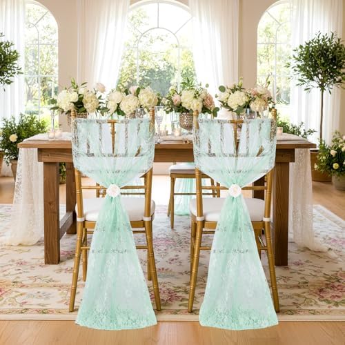 QueenDream Light Green Lace Chair Sashes 32 Pack Embroidered Chair Cover - Image 4