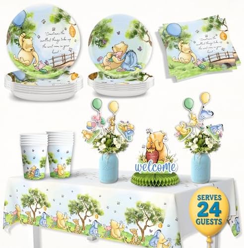 106 Pc Winnie Baby Shower Decorations – Pooh Plates, Napkins & Tablecloth by RainMeadow