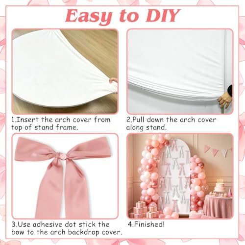 Pink Bows Arch Backdrop Cover Kit 6FT, Stretchy White Photography Background Stand Cover with 44 Satin Bows for Bridal Baby Shower Birthday Party 3D Bowknot Princess Photo Booth Decor - Image 4