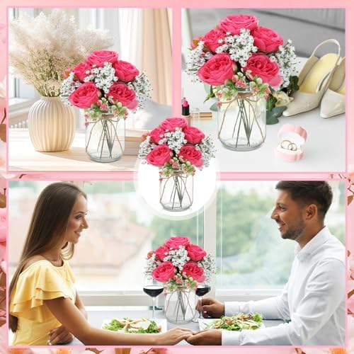 Zeyune 12 Sets Mason Jar Flowers Centerpiece Table Decorations,Hot Pink - Image 5