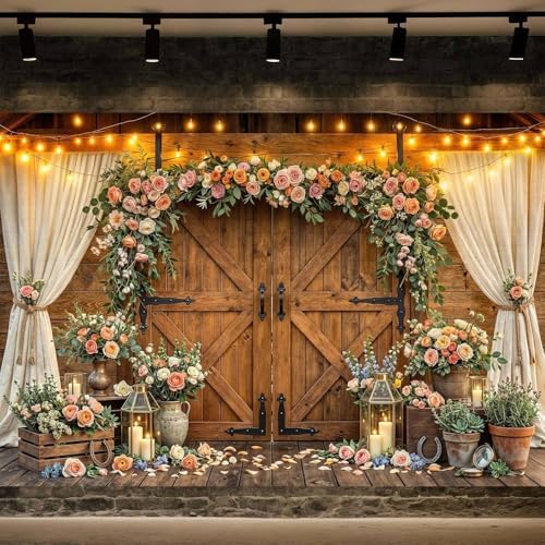 9x6ft Western Wedding Backdrop Rustic Barn Door Photography Backdrop Farmhouse Pink Flower Cabin Wooden Birthday Baby Shower Country Anniversary Bridal Party Banner Photo Booth Props Background - Image 2