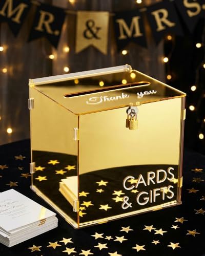 Gold Acrylic Wedding Card Box with Slot and Lock, Metallic Mirror Card Holder for Reception, Graduation, Bridal, Baby Shower, Birthday Party, Classy Golden Decorative Gift Boxes for Money Envelope by CORALMEE