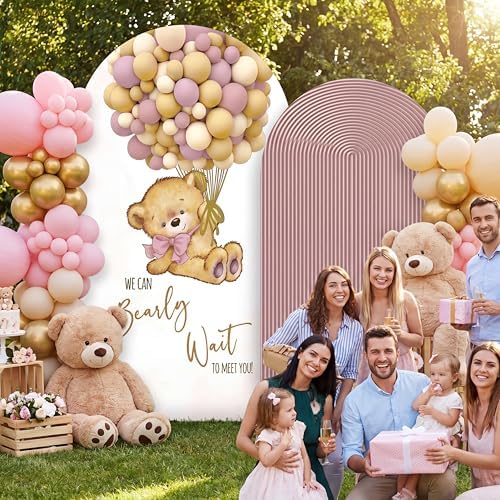 Tegeme 2 Pcs We Can Bearly Wait Backdrop Arch Covers Pink Teddy Bear Arch Covers Baby Shower Decorations 7.2 × 3.9 ft & 6.6 × 3.3 ft Stretchy Arched Wall Background for Baby Shower Party Decor Props - Image 5