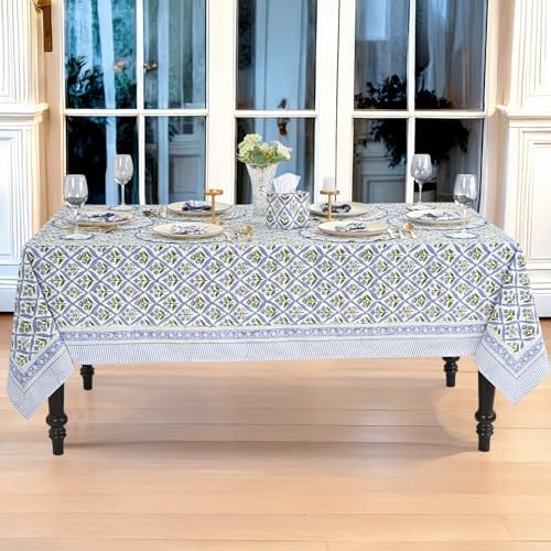 Ridhi Light Steel Blue Block Print Cotton Rectangle Table Cloth, 54x54 inch - Image 7