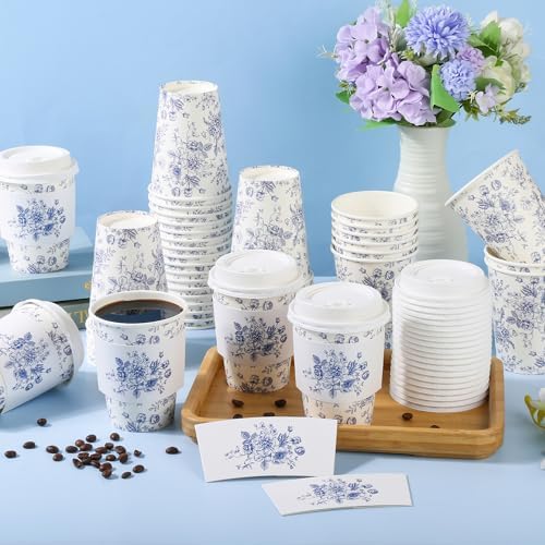 50Pcs Blue Floral Disposable Paper Coffee Cups with Lids and Sleeves - Image 4