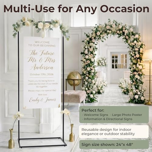 Wedding Welcome Sign Stand, 79" Extra-Tall Height - Black Metal Sign Holder with 6 Leather Straps, Easel Stand for Seating Charts & Event Décor - Image 5