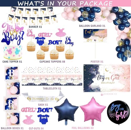 144 PCs Navy Blue and Pink Gender Reveal Decorations, Hombae Boy or Girl Gender Reveal Decorations What Will Baby Be Backdrop Balloon Banner Tablecloth Cake Cupcake Topper Boxes Cutout Poster Sash - Image 2