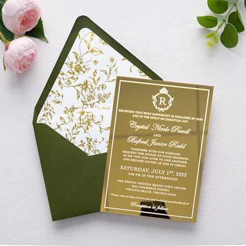 PONATIA A7 Euro Flap Gold Foil Liner Envelopes, Olive Green 5x7 Envelopes - Image 4