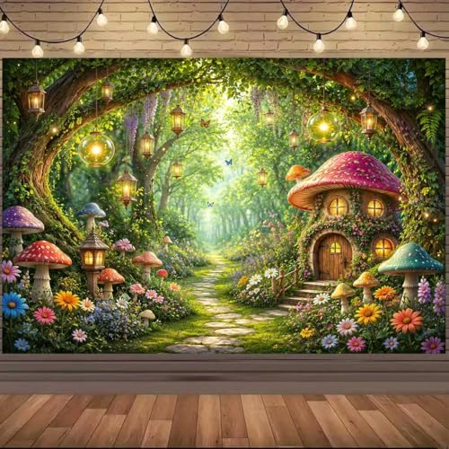 Enchanted Forest Backdrop, Magical Fairy Garden Colorful Mushroom Floral Butterfly Glowing Lantern Tree Arch Photo Background Banner for Girls Birthday Baby Shower Party Photography 12X10ft by Viajar