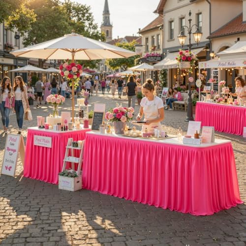 Partisky Hot Pink Polyester Table Skirt for Rectangle Tables 14ft, Wrinkle Resistant Pleated Ruffle Table Cloth for Wedding Baby Shower - Image 2