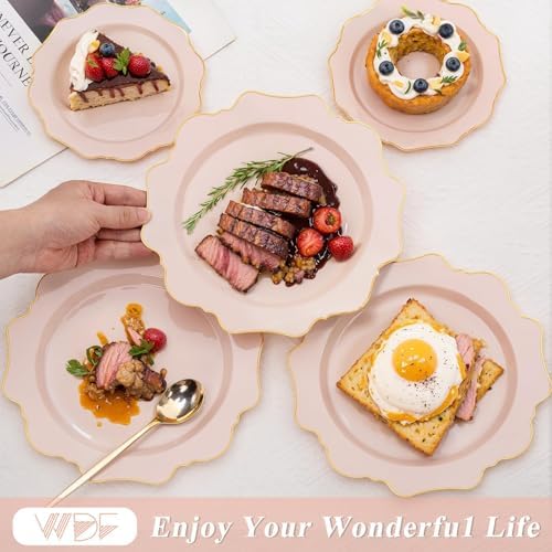 WDF 200PCS Pink Plastic Plates - Pink and Gold Plastic Plates - Include 100 Dinner Plate and 100 Cake Plate for Wedding/Bridal Shower/Tea party - Image 4