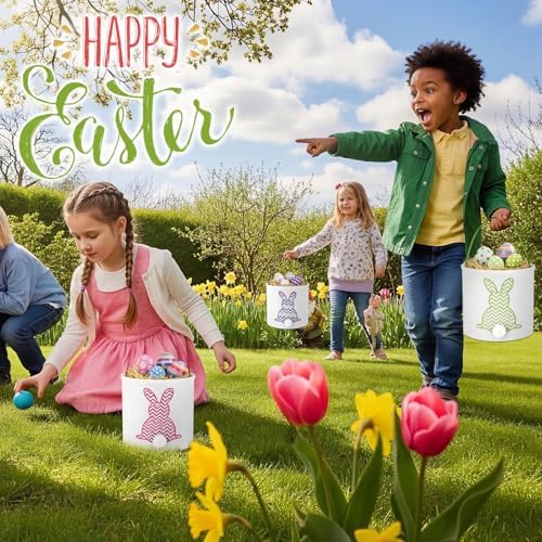 Honeydak 6 PCS Easter Baskets for Kids Fine-lined Wavy Bunny Tote Bags - Image 3