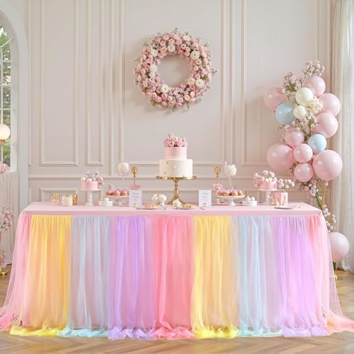 2 Pack 8ft Rainbow Tulle Tablecloths for Rectangle Tables, 8 Foot Rainbow Rectangular Table Cloth Wrinkle Free Tablecover with Tutu Skirt for Baby Shower Girls Birthday Party Banquet Buffet Cake - Image 2
