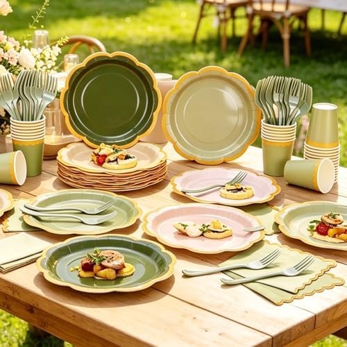 Sage Green Plates and Napkins Party Supplies for 48 Guests, Disposable 9’’ Gradient Pink and Green Scalloped Paper Plates Tableware Set for Birthday Party, Wedding, Baby Shower Decorations - Image 4