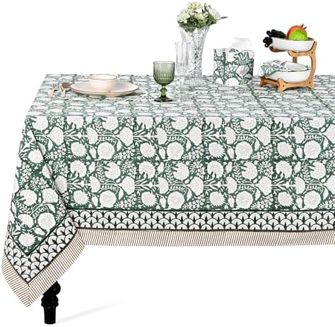 Ridhi Turquoise Moss Green Hand Block Print Cotton Rectangle Tablecloth 160" x 72" inches Reusable Table Cover Decorative Everyday Use for Dining Room, Farmhouse, Home Gift for Spring, Mother's Day by Ridhi