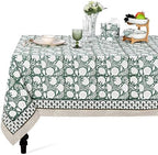 Ridhi Turquoise Moss Green Hand Block Print Cotton Rectangle Tablecloth 90" x 60" inches Reusable Table Cover Decorative Everyday Use for Dining Room, Farmhouse, Home Gift for Spring, Mother's Day by Ridhi