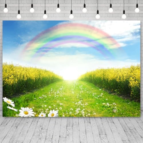 10x7ft Spring Backdrop Rainbow Cauliflower Field Photography Background Floral Green Grass Blue Sky Nature Scenery Kids Birthday Banner Decorations Baby Shower Portrait Photo Booth Prop - Image 3