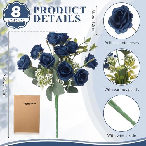 Zeyune 8 Pack 12 Inch Artificial Rose Bouquet, Navy Blue - Image 2
