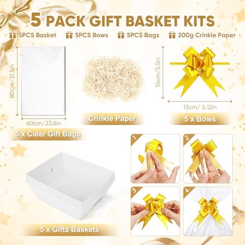5 Pack Baskets For Gifts Empty, 10x12” White Gift Basket Kit with Clear Bags Gold Bows 200g Crinkle Cut Paper Empty Gift Baskets to Fill Large Gift Baskets for Christmas, Birthdays, Holidays, Weddings - Image 2