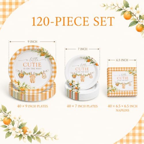 40 Guests A Little Cutie Baby Shower Plates and Napkins Set, Orange Citrus - Image 3