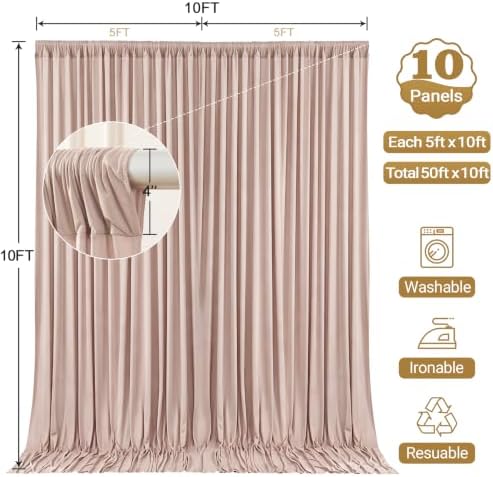 50x10FT Backdrop Curtains with Rod Pockets - Wrinkle Free Photo Stage Backdrop 10 Panels Curtains Drapes for Photography Wedding Party Baby Shower Decorations (Nude Blush) - Image 5
