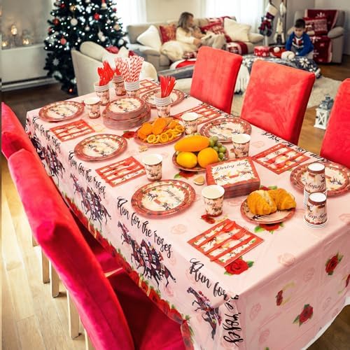 Ceenna 452 Pcs Derby Day Party Supplies for 50 Guests, Run for the Roses Derby Paper Plates Napkins Cups Tablecloth Cutlery Straw Disposable Tableware for Horse Racing Day Party Decorations - Image 6