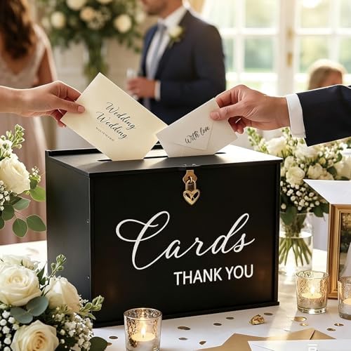 Extra Large Card Box with Lock & Slot, Gothic Black Wedding Card Boxes for Reception Money Gift Envelope, Spacious Gift Cards Holder Box for Black Party Graduation Funeral Charity Table Decor - Image 3