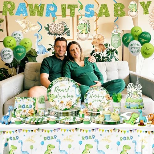Hombae Dinosaur Baby Shower Decorations Boy, Hatching Soon Baby Shower Party Supplies with Rawr It's a Boy Tableware, Plates, Napkins, Hanging Swirls for Boys Dino Theme Party, Serves 24 - Image 6