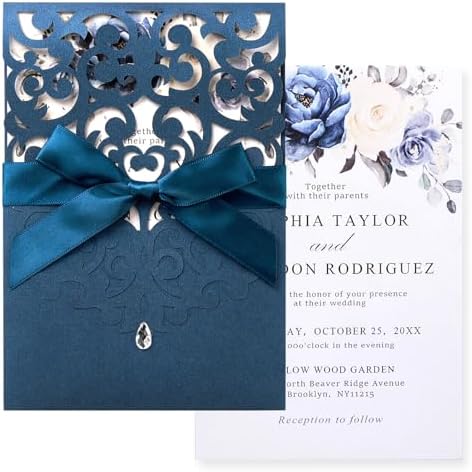 50pcs Wedding Invitation Kit, Navy Blue Laser Cut Invitations with Cards by Maffily