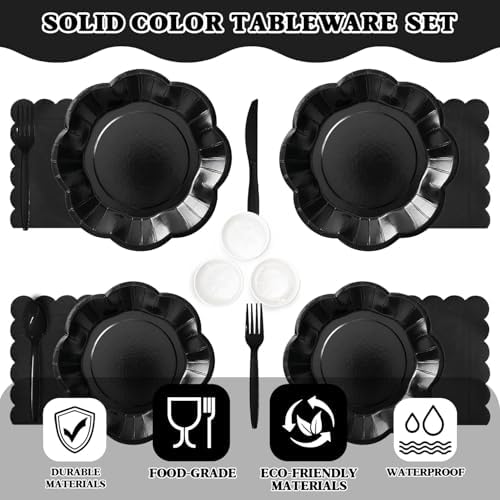 Vyntra Black Paper Plates, Cups & Napkins, 350 Pcs Scalloped Party Set - Image 3