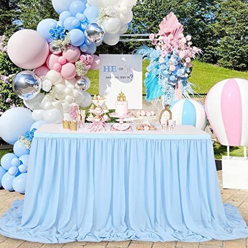 14FT Baby Blue Table Skirt 2 Layer Chiffon Table Skirts Tablecloth for Boy Gender Birthday Mermaid Theme Party Decoration - Image 3