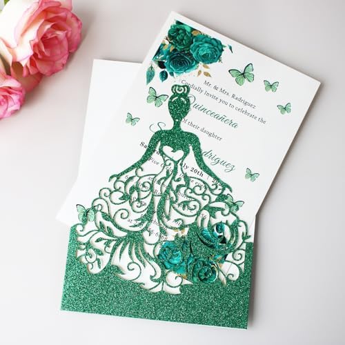 50PCS Personalized Green Glitter Quinceanera Invitations Kit, 5.12 x7.3 inch Laser Cut Hollow Girl Princess Quinceañera Invitations with Envelopes for Sweet 16 birthday Bridal XV Años Invite - Image 2